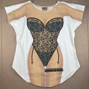 LA Imprints Fun2Wear T-Shirt Women White Lingerie Illusion Graphic Tee‎ Novelty